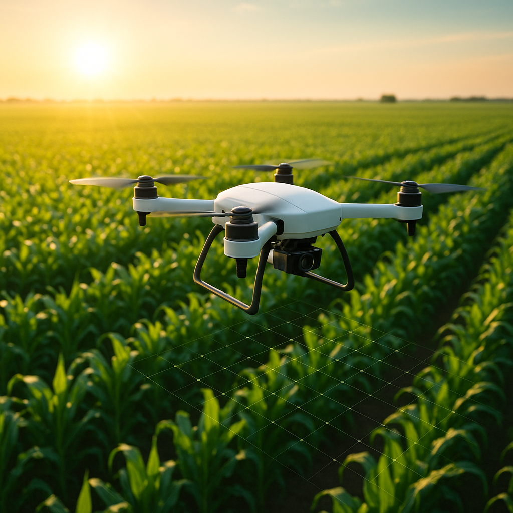 A drone flying over some crops at sunrise.