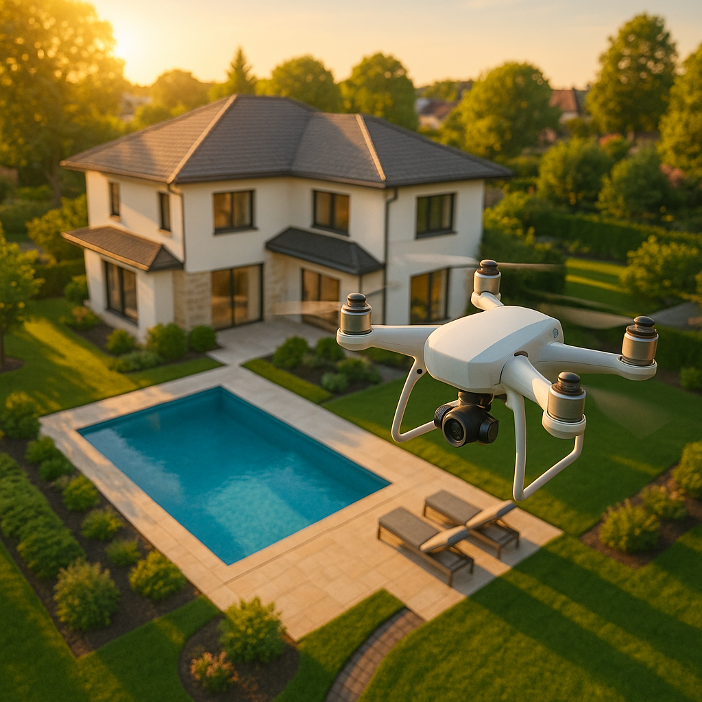 A drone flying over a garden and swimming pool belong to a large house in the background. house