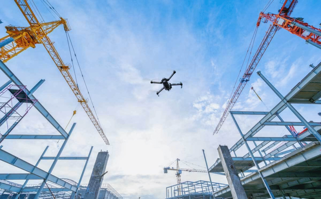A view of the underside of an airborne drone in a construction site with scaffold and cranes either side of the image.